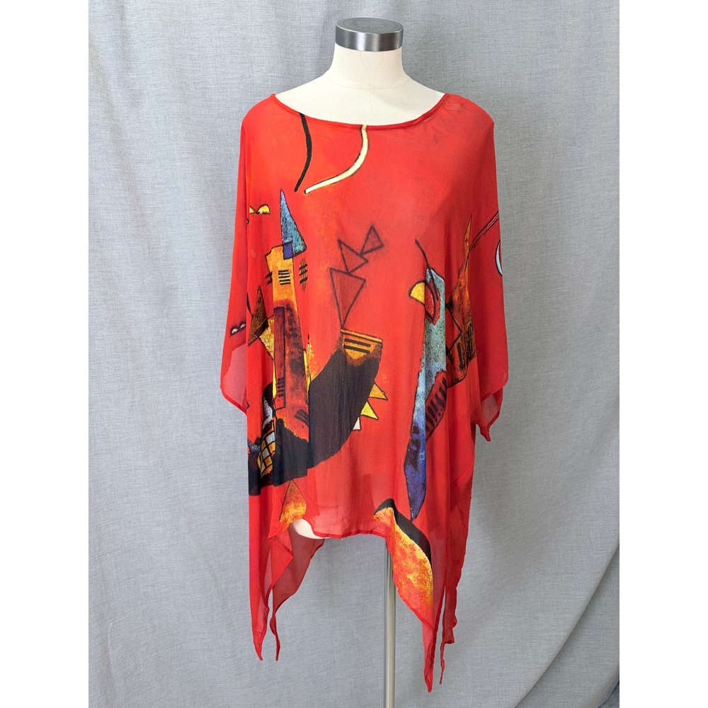 Sterling Styles Red Abstract Art Poncho Top Sheer Handkerchief Hem Lagenlook